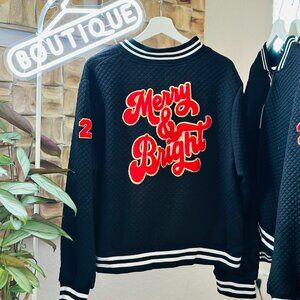 Merry & Bright Red Gold Chenille Sequin Black Quilted Bomber Jacket Patches